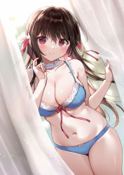 Rule 34 | 1girl, :3, bare arms, bare shoulders, blue bra, blue panties, bra, breasts, brown hair, choker, cleavage, closed mouth, commentary request, curtains, frilled choker, frills, front-tie bra, front-tie top, hair ribbon, large breasts, long hair, looking at viewer, navel, nishizawa, original, panties, partial commentary, red eyes, revision, ribbon, smile, solo, spaghetti strap, stomach, string bra, thighs, underwear, underwear only