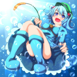 Rule 34 | 1girl, ao-0817, aqua eyes, aqua hair, blue eyes, blue hair, boots, bubble, cattail, female focus, hair bobbles, hair ornament, hat, kawashiro nitori, key, matching hair/eyes, plant, rubber boots, solo, swimsuit, swimsuit under clothes, touhou, twintails, two side up, underwater