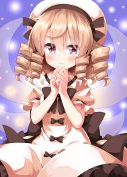 Rule 34 | 1girl, alternate eye color, back bow, blush, bow, brown bow, brown hair, closed mouth, collared dress, dress, dress bow, drill hair, fairy, fairy wings, frills, gradient background, hair between eyes, hands up, hat, hat bow, highres, light brown hair, looking to the side, luna child, one-hour drawing challenge, own hands together, pink eyes, puffy short sleeves, puffy sleeves, purple background, ruu (tksymkw), short hair, short sleeves, solo, standing, tears, touhou, transparent wings, white background, white dress, white hat, wings