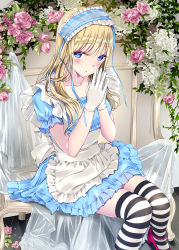 Rule 34 | 1girl, alice (alice in wonderland), apron, blonde hair, blue dress, blue eyes, blue headband, dress, flower, frilled apron, frilled dress, frills, gloves, headband, highres, kobayashi chisato, looking at viewer, md5 mismatch, open mouth, original, pink footwear, solo, striped clothes, striped thighhighs, thighhighs, white gloves