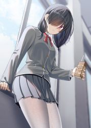 Rule 34 | 1girl, arm support, black hair, blazer, blue sky, bow, closed mouth, cloud, cloudy sky, collared shirt, commentary request, day, drinking straw, grey jacket, grey skirt, gurande (g-size), hair over one eye, highres, holding, indoors, jacket, long hair, long sleeves, looking at viewer, low twintails, original, pantyhose, red bow, red eyes, school uniform, shirt, skirt, sky, sleeves past wrists, solo, twintails, white pantyhose, white shirt