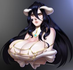 Rule 34 | 1girl, albedo (overlord), black hair, breasts, clothes, female focus, highres, horns, large breasts, long hair, looking at viewer, marauder6272, overlord (maruyama), solo, yellow eyes