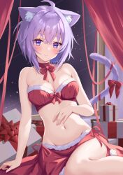 Rule 34 | 1girl, absurdres, ahoge, animal ear fluff, animal ears, arm support, bare arms, bare shoulders, bikini, blush, bow, bowtie, box, breasts, cat ears, cat girl, cat tail, choker, christmas, christmas present, cleavage, closed mouth, commentary request, crossed bangs, curtains, fur-trimmed skirt, fur trim, gift, gift box, groin, hand on own stomach, highres, hololive, leaning to the side, looking at viewer, medium breasts, navel, nekomata okayu, night, night sky, purple eyes, purple tail, red bow, red bowtie, red choker, red ribbon, red skirt, ribbon, santa bikini, santa costume, short hair, side-tie skirt, sidelocks, sitting, skirt, sky, smile, solo, star (sky), starry sky, stomach, swimsuit, tail, tail bow, tail ornament, tail ribbon, thighs, togemaru34, virtual youtuber, window