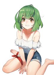 Rule 34 | 1girl, ahoge, arms between legs, barefoot, breasts, brown eyes, cleavage, collarbone, denim, denim shorts, eyebrows hidden by hair, feet, green hair, grin, highres, leg ribbon, looking up, messy hair, original, rang go, red ribbon, ribbon, short hair, short shorts, shorts, simple background, sitting, small breasts, smile, spaghetti strap, teeth, thick eyebrows, thigh ribbon, wariza, white background