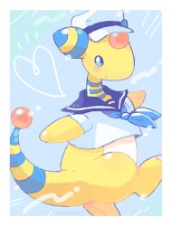 Rule 34 | ampharos, blue background, blue eyes, blue neckerchief, blue sailor collar, border, commentary request, creatures (company), full body, game freak, gen 2 pokemon, hat, heart, looking at viewer, neckerchief, nintendo, pokemon, pokemon (creature), sailor collar, sailor hat, sailor shirt, shirt, short sleeves, simple background, smile, tansho, white hat, white shirt