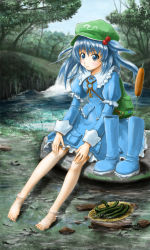 Rule 34 | 1girl, :3, absurdres, backpack, bad id, bad pixiv id, bag, barefoot, blue dress, blue eyes, blue footwear, blue hair, blush, boots, unworn boots, cattail, cucumber, dress, female focus, hair bobbles, hair ornament, hat, highres, kawashiro nitori, key, knee boots, kouzui, matching hair/eyes, nature, no socks, plant, rubber boots, shoes, unworn shoes, short hair, sitting, soaking feet, solo, touhou, tree, twintails, two side up, water