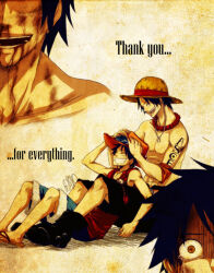 Rule 34 | ..., 2boys, arm tattoo, bead necklace, beads, black hair, closed eyes, cowboy hat, crying, crying with eyes open, ds-hina, english text, freckles, hat, jewelry, male focus, monkey d. luffy, multiple boys, necklace, one piece, open mouth, portgas d. ace, short hair, smile, straw hat, tattoo, tears, teeth, topless male
