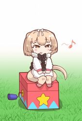 Rule 34 | 10s, 1girl, :d, anteater ears, anteater tail, black bow, black bowtie, blonde hair, bow, bowtie, box, brown eyes, chibi, fur collar, grass, hairband, jack-in-the-box, kemono friends, kemono friends pavilion, musical note, on box, open mouth, playground equipment (kemono friends pavilion), short hair, silky anteater (kemono friends), sitting, smile, solo, star (symbol), tanaka kusao, white hairband