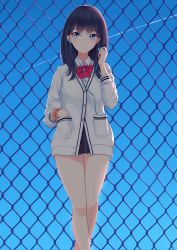 Rule 34 | 1girl, bare legs, black hair, blue eyes, blue sky, bow, bowtie, chain-link fence, commentary, contrail, day, earphones, fence, gridman universe, hand in pocket, highres, long hair, long sleeves, looking at viewer, outdoors, scrunchie, shigatsu (4gate), sky, solo, ssss.gridman, standing, takarada rikka, wrist scrunchie