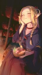 Rule 34 | 1girl, absurdres, blonde hair, blue capelet, blue robe, bowl, braid, capelet, closed eyes, closed mouth, dungeon meshi, eating, elf, food, hair ribbon, hand on own cheek, hand on own face, highres, imori (imori7), log, marcille donato, meat, multiple braids, night, outdoors, pointy ears, red ribbon, ribbon, robe, sitting, solo, steam