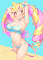 Rule 34 | 1girl, animal ear fluff, animal ears, armpits, arms up, bare shoulders, bikini, blonde hair, blue background, blue bow, blush, bow, breasts, brown background, cat ears, cat girl, cat tail, cleavage, collarbone, groin, hair bow, highres, kazuma (kazumav), large breasts, long hair, looking at viewer, mashima himeko (show by rock!!), multicolored hair, navel, parted lips, pink hair, red eyes, show by rock!!, solo, stomach, striped bikini, striped clothes, sweat, swimsuit, tail, twintails, two-tone background, two-tone hair, very long hair