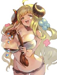 Rule 34 | 1girl, ahoge, anila (granblue fantasy), anila (summer) (granblue fantasy), bag, blonde hair, blush, breasts, cleavage, collarbone, commentary request, cowboy shot, crystal, draph, flower, granblue fantasy, hair flower, hair ornament, highres, horns, large breasts, long hair, microskirt, navel, nonco, open mouth, sheep horns, short eyebrows, simple background, skirt, solo, teeth, thick eyebrows, upper teeth only, very long hair, white background, yellow eyes