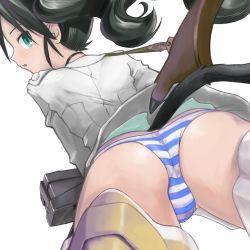 Rule 34 | 1girl, animal ears, aqua eyes, ass, black hair, francesca lucchini, gun, karappa, looking back, panties, solo, strike witches, striker unit, striped clothes, striped panties, tail, trefoil, underwear, weapon, world witches series