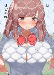 Rule 34 | 1girl, blush, bow, bowtie, breast press, breasts, brown eyes, brown hair, button gap, buttons, commentary request, fence, kaisen chuui, large breasts, original, red bow, red bowtie, school uniform, shirt, short hair, solo, white shirt