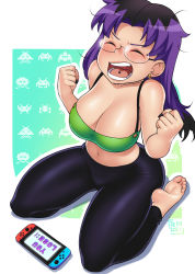 Rule 34 | 1girl, absurdres, barefoot, black hair, black pants, blush, breasts, cleavage, closed eyes, collarbone, earrings, game over, glasses, gradient background, green background, green shirt, handheld game console, highres, jewelry, large breasts, long hair, midriff, multicolored hair, navel, nintendo, nintendo switch, open mouth, pants, piercing, purple hair, screaming, shirt, sidney (zeshgolden), sitting, space invaders, tank top, teeth, tongue piercing, two-tone hair, video game, yoga pants, zeshgolden