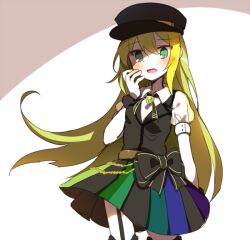 Rule 34 | 1girl, alina gray, black bow, black hat, black necktie, black vest, blonde hair, blunt ends, blush, bow, chain, collar, cross tie, detached collar, fur cuffs, gem, green eyes, green gemstone, green hair, hair between eyes, hat, long hair, looking at viewer, magia record: mahou shoujo madoka magica gaiden, magical girl, mahou shoujo madoka magica, mo (bnh8401), multicolored clothes, multicolored hair, multicolored skirt, necktie, open mouth, peaked cap, pleated skirt, puffy short sleeves, puffy sleeves, short sleeves, sidelocks, skirt, smile, solo, standing, straight hair, streaked hair, striped clothes, striped skirt, v-neck, vertical-striped clothes, vertical-striped skirt, vest, waist bow, white collar, white sleeves