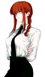 Rule 34 | 1girl, black pants, blunt bangs, braid, chainsaw man, formal, highres, makima (chainsaw man), necktie, pants, red hair, shirt, simple background, single braid, solo, standing, suit, urkt 10, white background, white shirt