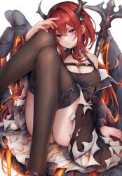 Rule 34 | 1girl, arknights, bare shoulders, black dress, black jacket, breasts, burnt clothes, chest strap, cleavage, cross, cross necklace, demon girl, demon horns, detached collar, dress, hair between eyes, hair intakes, hammock, horns, jacket, jewelry, long hair, looking at viewer, medium breasts, lava, necklace, purple eyes, red hair, simple background, smile, snm (sunimi), surtr (arknights), thigh strap, thighhighs, thighs, very long hair