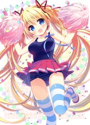 Rule 34 | 1girl, blonde hair, blue eyes, blue thighhighs, blush, breasts, cheerleader, confetti, floating hair, hair between eyes, hair ribbon, hands up, holding, leg up, long hair, looking at viewer, medium breasts, nagayama yuunon, one-piece swimsuit, open mouth, original, pleated skirt, pom pom (cheerleading), purple ribbon, red skirt, ribbon, school swimsuit, shoes, skirt, smile, solo, striped clothes, striped thighhighs, swimsuit, thighhighs, twintails, uwabaki, very long hair, white thighhighs