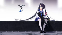 Rule 34 | 1girl, absurdly long hair, assault rifle, black hair, blue eyes, borrowed character, cellphone, drone, full body, gun, headphones, highres, loafers, long hair, milk carton, original, phone, pleated skirt, qianhui, quadcopter, rifle, school uniform, serafuku, shoes, sidelocks, sitting, skirt, smartphone, solo, thighhighs, trigger discipline, twintails, unmanned aerial vehicle, very long hair, walkie-talkie, weapon, weapon request, white thighhighs