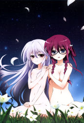 Rule 34 | 10s, 2girls, absurdres, blue eyes, blush, braid, breasts, cleavage, flower, glasses, grass, grisaia (series), grisaia no kajitsu, hair rings, holding hands, highres, kazami kazuki, long hair, multiple girls, navel, night, night sky, non-web source, nude, nyantype, official art, petals, red hair, silver hair, sky, small breasts, star (sky), star (symbol), starry sky, suou amane, twin braids, twintails, very long hair