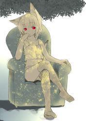 Rule 34 | 1girl, animal ears, camisole, flat chest, highres, crossed legs, majima yuki, monochrome, original, panties, red eyes, short hair, sitting, solo, spot color, tail, thighhighs, underwear