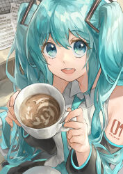 Rule 34 | 1girl, aqua eyes, aqua hair, bare shoulders, beamed eighth notes, black sleeves, coffee, commentary, cup, detached sleeves, foreshortening, from above, hair ornament, hatsune miku, highres, himukai aoi, holding, holding cup, computer keyboard, latte art, lips, long hair, looking at viewer, musical note, necktie, open mouth, quarter note, sheet music, shirt, shoulder tattoo, sleeveless, sleeveless shirt, smile, solo, tattoo, teacup, teeth, twintails, upper teeth only, variant set, very long hair, vocaloid, white shirt