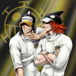 Rule 34 | 2boys, absurdres, arm tattoo, artist name, covered eyes, crossed arms, english text, hat, hat over eyes, highres, jolly roger, male focus, medium hair, mitsisartwork, multiple boys, one piece, orange hair, overalls, penguin (one piece), penguin hat, shachi (one piece), sleeves past elbows, smile, tattoo, teeth, uniform, white overalls