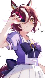 Rule 34 | 1girl, animal ears, aoi (kirabosi105), brown hair, eyepatch, eyepatch lift, grin, highres, horse ears, horse girl, horse tail, looking at viewer, multicolored hair, open mouth, puffy short sleeves, puffy sleeves, purple shirt, sailor collar, school uniform, shirt, short hair, short sleeves, simple background, skirt, smile, solo, streaked hair, tail, tanino gimlet (umamusume), teeth, tracen school uniform, umamusume, white background, white skirt, yellow eyes