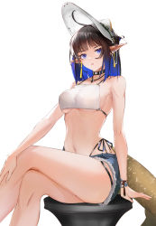 Rule 34 | 1girl, ahoge, arknights, bare legs, bare shoulders, bikini, bikini top only, bikini under clothes, black hair, blue eyes, blue hair, blunt bangs, breasts, choker, closed mouth, collarbone, covered erect nipples, crossed legs, cutoffs, denim, denim shorts, divine horse, ear piercing, eunectes (arknights), feet out of frame, gradient hair, hand on own leg, highleg, highleg bikini, highres, jewelry, large breasts, light frown, lipstick, looking at viewer, makeup, multicolored hair, navel, necklace, piercing, pointy ears, short shorts, shorts, side-tie bikini bottom, sideboob, sitting, snake tail, swimsuit, tail, thick thighs, thigh strap, thighs, underboob, visor, wrist wrap