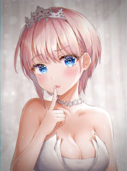 Rule 34 | 1girl, bare arms, bare shoulders, blue eyes, blush, breasts, choker, cleavage, collarbone, commentary request, dress, finger to mouth, go-toubun no hanayome, grey background, hand up, highres, index finger raised, looking at viewer, medium breasts, nakano ichika, parted lips, pink hair, short hair, solo, strapless, strapless dress, syatihoko, tiara, upper body, white choker, white dress