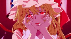 Rule 34 | 1girl, blonde hair, blush, embodiment of scarlet devil, female focus, flandre scarlet, hands on own cheeks, hands on own face, hat, lunica, mirai nikki, nail polish, open mouth, parody, portrait, red eyes, rukashima, side ponytail, solo, touhou, wings, yandere, yandere trance