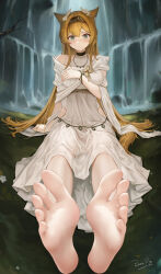 Rule 34 | 1girl, animal ears, arknights, barefoot, blonde hair, blush, closed mouth, dress, evanyi, feet, foot focus, foreshortening, green eyes, hairband, highres, horn (arknights), light smile, long hair, looking at viewer, ringed eyes, signature, sitting, soles, solo, sweat, toes, very long hair, water, waterfall, white dress