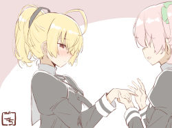 Rule 34 | 2girls, ahoge, andou tazusa, artist name, assault lily, bandaid, bandaid on hand, black ribbon, blonde hair, blush, breasts, buttons, closed mouth, clover hair ornament, commentary request, covered eyes, cropped jacket, four-leaf clover hair ornament, from side, gochisousama (tanin050), hair between eyes, hair ornament, hair ribbon, hand up, hands up, high ponytail, hitotsuyanagi riri, holding hands, juliet sleeves, long sleeves, looking at another, medium breasts, multiple girls, neck ribbon, one side up, parted lips, pink background, pink hair, ponytail, profile, puffy sleeves, red eyes, ribbon, school uniform, shirt, short hair, teeth, two-tone background, upper body, upper teeth only, wavy mouth, white background, white shirt, yurigaoka girls academy school uniform