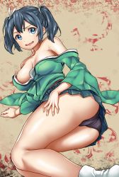 Rule 34 | 10s, 1girl, ass, black panties, blue hair, breasts, cleavage, colorized, hair ribbon, hand on own thigh, highres, japanese clothes, kantai collection, kat (bu-kunn), kimono, kuromen, kuroteru (just-shiny), large breasts, lying, open mouth, panties, pleated skirt, ribbon, skirt, solo, souryuu (kancolle), twintails, underwear