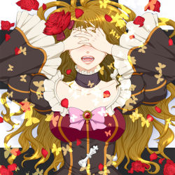Rule 34 | 1girl, bad id, bad pixiv id, beatrice (umineko), blonde hair, brooch, chess piece, choker, covering privates, covering face, covering own eyes, dress, flower, jewelry, lips, long hair, nonotan, open mouth, petals, red flower, red rose, rose, rose petals, solo, tears, umineko no naku koro ni