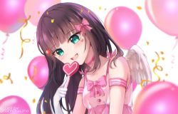 Rule 34 | 1girl, angel wings, aqua eyes, artist name, artist request, balloon, bare shoulders, black hair, blush, bow, breasts, candy, choker, collarbone, dress, face mark, female focus, food, gloves, green eyes, hair bow, hair ornament, hairclip, heart, heart print, highres, holding, holding candy, holding food, kurosawa dia, long hair, looking at viewer, love live!, love live! school idol festival, love live! sunshine!!, maruu (manmaruu cha), mole, mole under mouth, parted lips, pink bow, pink choker, pink dress, solo, upper body, white gloves, white wings, wings