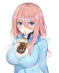 Rule 34 | 1girl, absurdres, arms behind back, blue eyes, breasts, bubble tea, bubble tea challenge, drinking straw, go-toubun no hanayome, hair between eyes, headphones, headphones around neck, highres, large breasts, looking to the side, najjo, nakano miku, red hair, solo