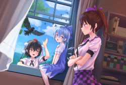 Rule 34 | 3girls, arm up, bird, black hair, black neckwear, blue bow, blue dress, blue eyes, blue hair, blush, bow, brown hair, checkered clothes, checkered skirt, cirno, commentary request, crossed arms, crow, curtains, day, detached wings, dress, hair bow, hair ribbon, hat, highres, himekaidou hatate, ice, ice wings, looking at another, multiple girls, neck ribbon, necktie, open mouth, pointy ears, purple eyes, purple headwear, purple ribbon, purple skirt, red eyes, red headwear, red neckwear, ribbon, roke (taikodon), shameimaru aya, shelf, shirt, short hair, short sleeves, skirt, smile, tokin hat, touhou, twintails, typewriter, white shirt, window, wings