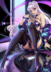 Rule 34 | 1girl, absurdres, blue jacket, breasts, cian yo, claw (weapon), earrings, evelynn (league of legends), eyeshadow, garter straps, glasses, high heels, highres, jacket, jewelry, k/da (league of legends), large breasts, league of legends, long hair, looking at viewer, makeup, nipples, off shoulder, open clothes, open jacket, purple hair, reflection, sitting, smile, sunglasses, the baddest evelynn, thighhighs, tinted eyewear, watermark, weapon, web address, yellow eyes