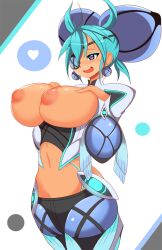 Rule 34 | 1girl, :d, aqua hair, artist name, blue eyes, blue hair, breasts, breasts out, commentary, core, dark-skinned female, dark skin, earrings, english commentary, eyeliner, eyepatch, fang, glowing, heart, highres, inverted nipples, jellcaps, jewelry, large breasts, makeup, navel, open mouth, praxis (xenoblade), purple eyes, smile, solo, stomach, white background, xenoblade chronicles (series), xenoblade chronicles 2