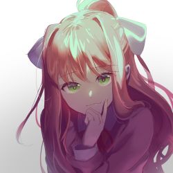 Rule 34 | 1girl, blazer, blush, bow, breasts, brown hair, closed mouth, collared shirt, commentary, doki doki literature club, english commentary, finger to cheek, gradient background, green eyes, grey background, grey jacket, hair bow, hair intakes, high ponytail, highres, jacket, long hair, long sleeves, looking at viewer, monika (doki doki literature club), neck ribbon, ponytail, red ribbon, ribbon, school uniform, shirt, sidelocks, simple background, smile, solo, upper body, white background, white shirt, wing collar, yampa