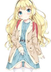 Rule 34 | 1girl, backpack, bag, belt, black belt, blonde hair, blush, commentary request, dress, green eyes, gyuunyuunomio7, hair ornament, jacket, long hair, long sleeves, looking at viewer, original, red bag, simple background, solo, thighhighs, white background, white thighhighs