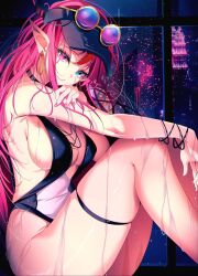 Rule 34 | 1girl, alternate costume, armpits, bare shoulders, breasts, building, competition swimsuit, earrings, flat cap, hat, heterochromia, highres, hololive, hololive english, horns, irys (hololive), jewelry, large breasts, lips, long hair, looking at viewer, nails, night, one-piece swimsuit, pointy ears, smile, sunglasses on head, swimsuit, the0neulost, virtual youtuber, water, wet, window