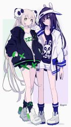 Rule 34 | 2girls, animal ears, animal hat, black hair, black jacket, black legwear, black shirt, black shorts, blouse, captain yue, copyright request, expressionless, green eyes, grey eyes, hands in pockets, hat, highres, jacket, long hair, long sleeves, looking at viewer, multiple girls, print shirt, rabbit ears, rabbit hat, shirt, shoes, short shorts, shorts, socks, standing, twitter username, very long hair, white footwear, white hair, white jacket, white shirt, white shorts, zipper, zipper pull tab