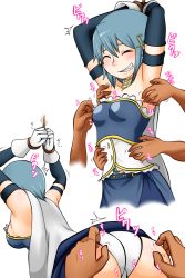 Rule 34 | 1girl, armpits, arms up, ass, bare shoulders, bdsm, bikkuru, blue hair, blue skirt, blush, bondage, bound, bound wrists, breasts, cape, closed eyes, clothes lift, elbow gloves, fortissimo, frilled shirt, frills, gloves, grin, hair between eyes, hair ornament, highres, magical girl, mahou shoujo madoka magica, medium breasts, miki sayaka, miki sayaka (magical girl), musical note, musical note hair ornament, panties, shirt, short hair, sideboob, simple background, skirt, skirt lift, smile, solo, sweat, tickling, trefoil, underwear, white background, white gloves, white panties