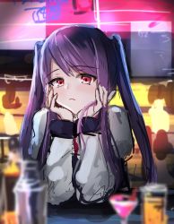 Rule 34 | 1girl, alcohol, artist request, bad id, bad twitter id, bar (place), bartender, cocktail glass, cocktail shaker, cup, drinking glass, head rest, highres, jill stingray, purple hair, red eyes, sketch, solo, twintails, va-11 hall-a, wine glass