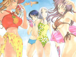 Rule 34 | 4girls, :d, :p, ;d, animal ears, animal print, armpits, ashihara tomoe, bikini, blonde hair, blue eyes, blue hair, blue nails, blush, bracelet, breast envy, breasts, can, casual one-piece swimsuit, cat ears, cloud, day, drink, dual wielding, fang, fingernails, flat chest, floral print, food, food-themed clothes, front-tie top, fruit, grey eyes, hair ornament, hairclip, haru (majin devil), haru (majin ~devil~), hat, hayashi (majin devil), hayashi (majin ~devil~), holding, inflatable raft, jewelry, large breasts, leopard print, long fingernails, long hair, majin devil, majin ~devil~, midriff, multiple girls, nail, nail polish, official art, official wallpaper, one-piece swimsuit, one eye closed, oogure ito, open mouth, orange eyes, orange hair, outdoors, pineapple, pineapple print, pink nails, print bikini, print swimsuit, purple eyes, purple hair, sarong, satomi (majin devil), satomi (majin ~devil~), see-through, short hair, side-tie bikini bottom, sky, smile, sports bikini, squirrel, standing, swimsuit, tiger print, tongue, tongue out, twintails, underboob, wallpaper, water gun, white hair, wink