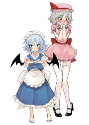 Rule 34 | &gt;:/, 2girls, :/, alternate costume, barefoot, bat wings, blood, blue hair, blush, braid, cosplay, costume switch, crossed arms, enmaided, fkey, garter straps, grey hair, hands on own cheeks, hands on own face, hat, high heels, izayoi sakuya, knees together feet apart, long hair, maid, maid headdress, mary janes, mob cap, multiple girls, nail polish, nosebleed, oversized clothes, red eyes, red nails, remilia scarlet, sanpaku, shoes, short hair, sketch, thighhighs, touhou, twin braids, undersized clothes, v-shaped eyebrows, white legwear, wings