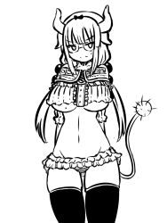 Rule 34 | 10s, 1girl, adapted costume, alternate breast size, black thighhighs, blush, breasts, commentary, cowboy shot, deculture, frown, glasses, greyscale, highres, horns, kanna kamui, kobayashi-san chi no maidragon, large breasts, lowleg, lowleg panties, midriff, monochrome, aged up, panties, skindentation, solo, sweatdrop, tail, thigh gap, thighhighs, underboob, underwear, white background, zettai ryouiki